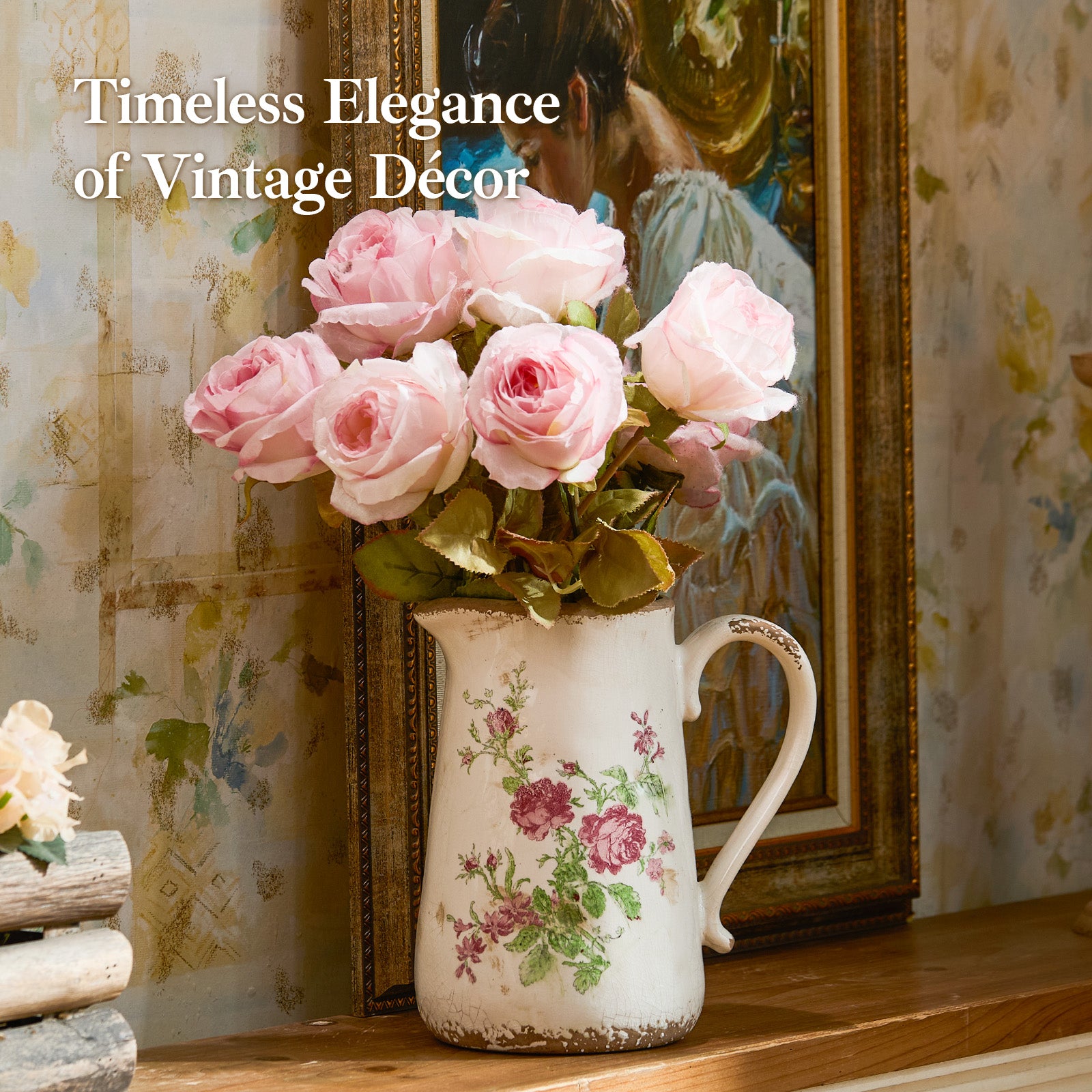 Retro Rustic Large Ceramic Vase with Handle, Distressed Farmhouse Pitcher for Home, Ideal Shelf Decor, Red Rose Floral Vase for Living Room Bedroom Office Table Centerpiece Decorations 9 Inch