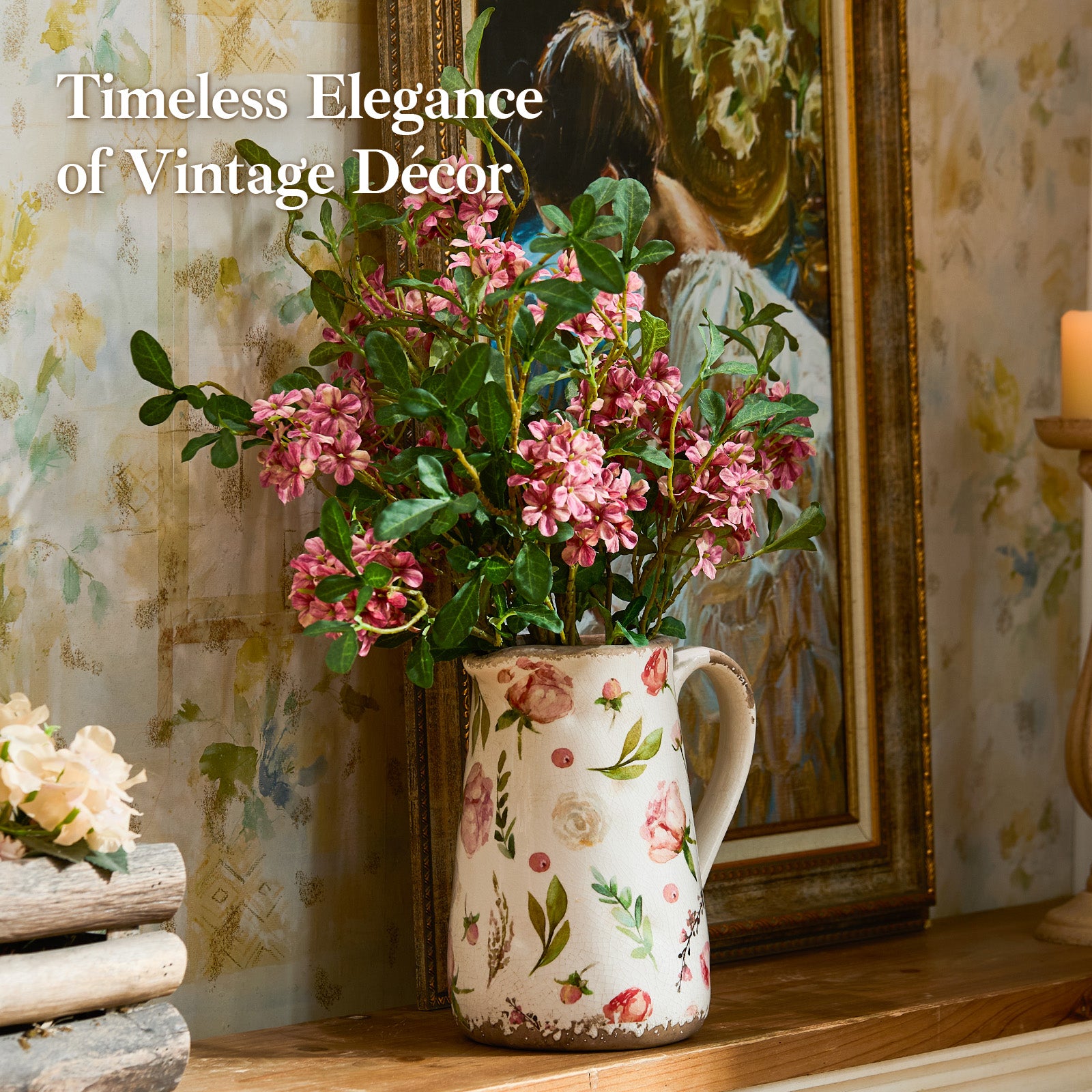 Retro Rustic Large Ceramic Vase with Handle, Distressed Farmhouse Pitcher for Home, Ideal Shelf Decor Floral Vase for Living Room Bedroom Office Table Centerpiece Decorations 9 Inch