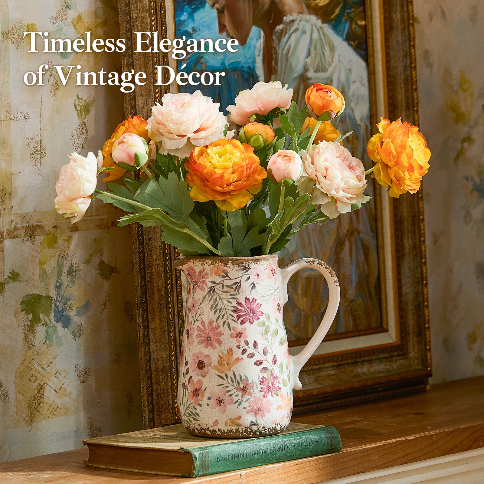 Vintage Colorful Daisy Flora Ceramic Vase with Handle, Retro Ice Glazed Crack Farmhouse Pitcher Vase for Home Decor, Living Room, Shelf, Office, Rustic Table Centerpiece 7 Inch