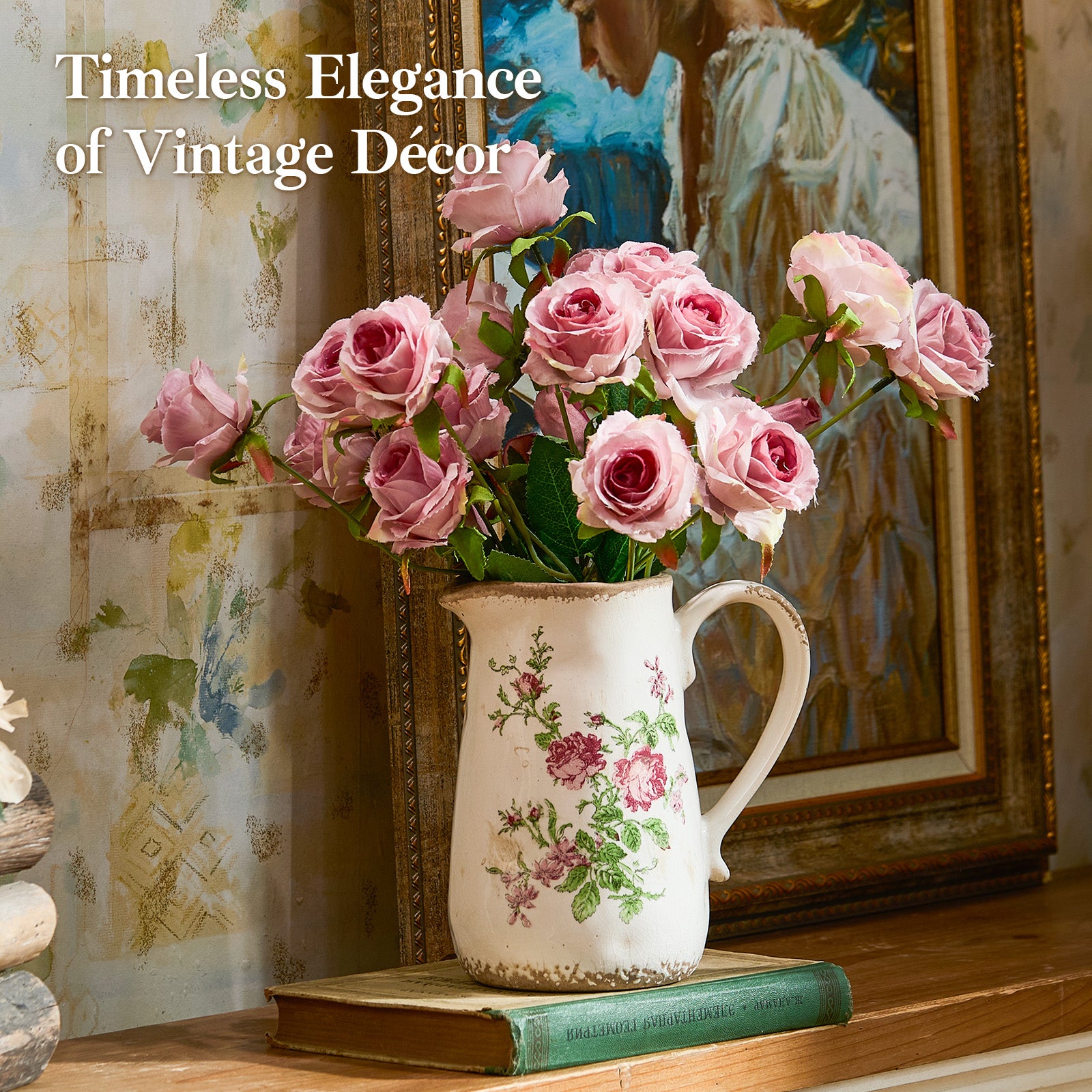 Vintage Rose Flora Ceramic Vase with Handle, Retro Ice Glazed Crack Farmhouse Pitcher Vase for Home Decor, Living Room, Shelf, Office, Rustic Table Centerpiece 7 Inch