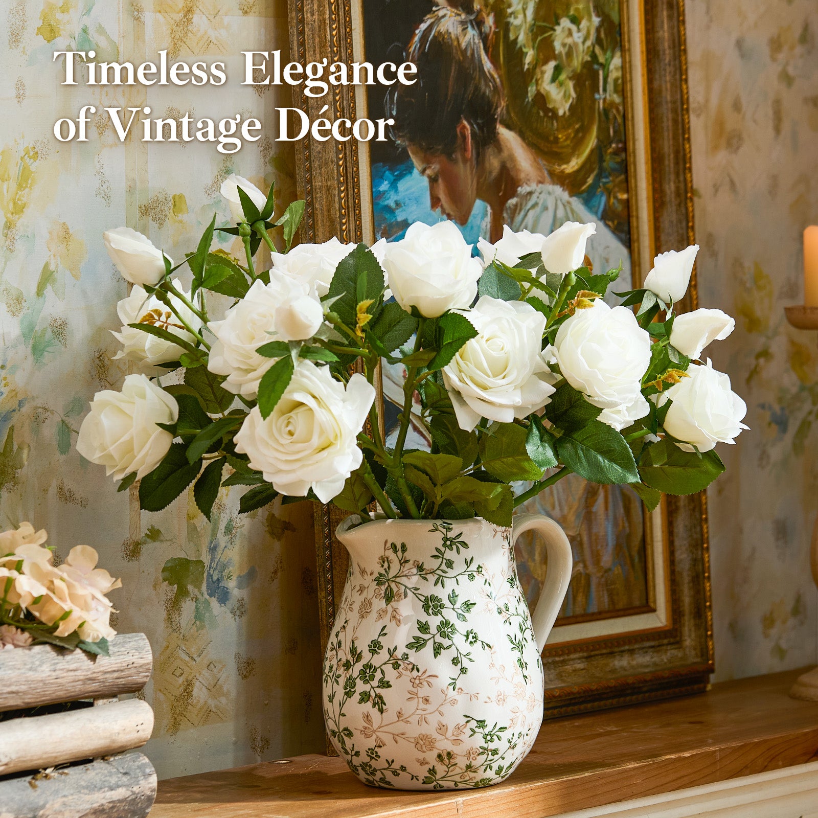 Ceramic Green and White Floral Vase with Handle, Rustic Farmhouse Pitcher Flower Vase, Chinoiserie Floral Vase for Home Decor, Living Room, Shelf, Office, Rustic Table Centerpiece 8 Inch