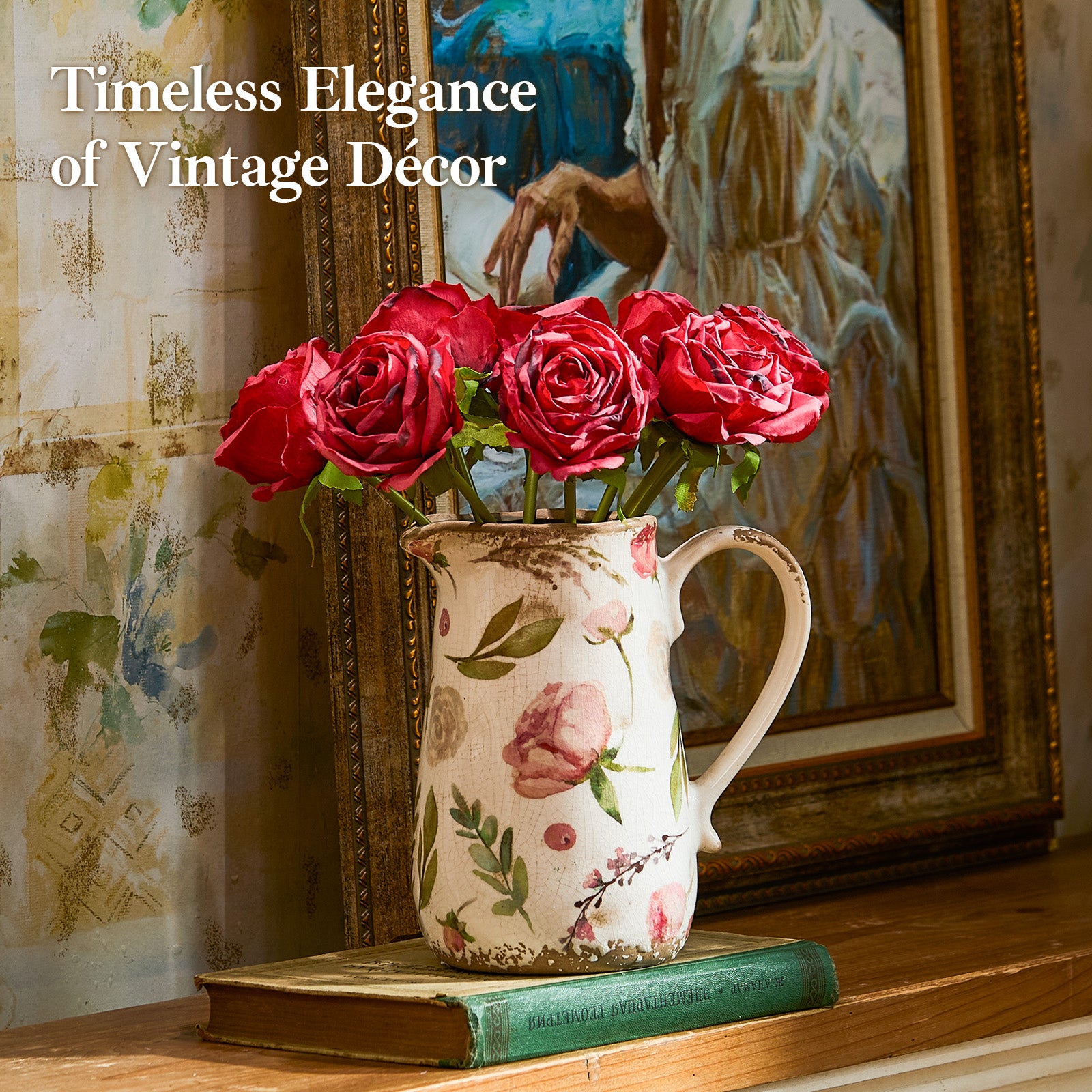 Vintage Fruit and Floral Ceramic Vase with Handle, Retro Ice Glazed Crack Farmhouse Pitcher Vase for Home Decor, Living Room, Shelf, Office, Rustic Table Centerpiece 7 Inch