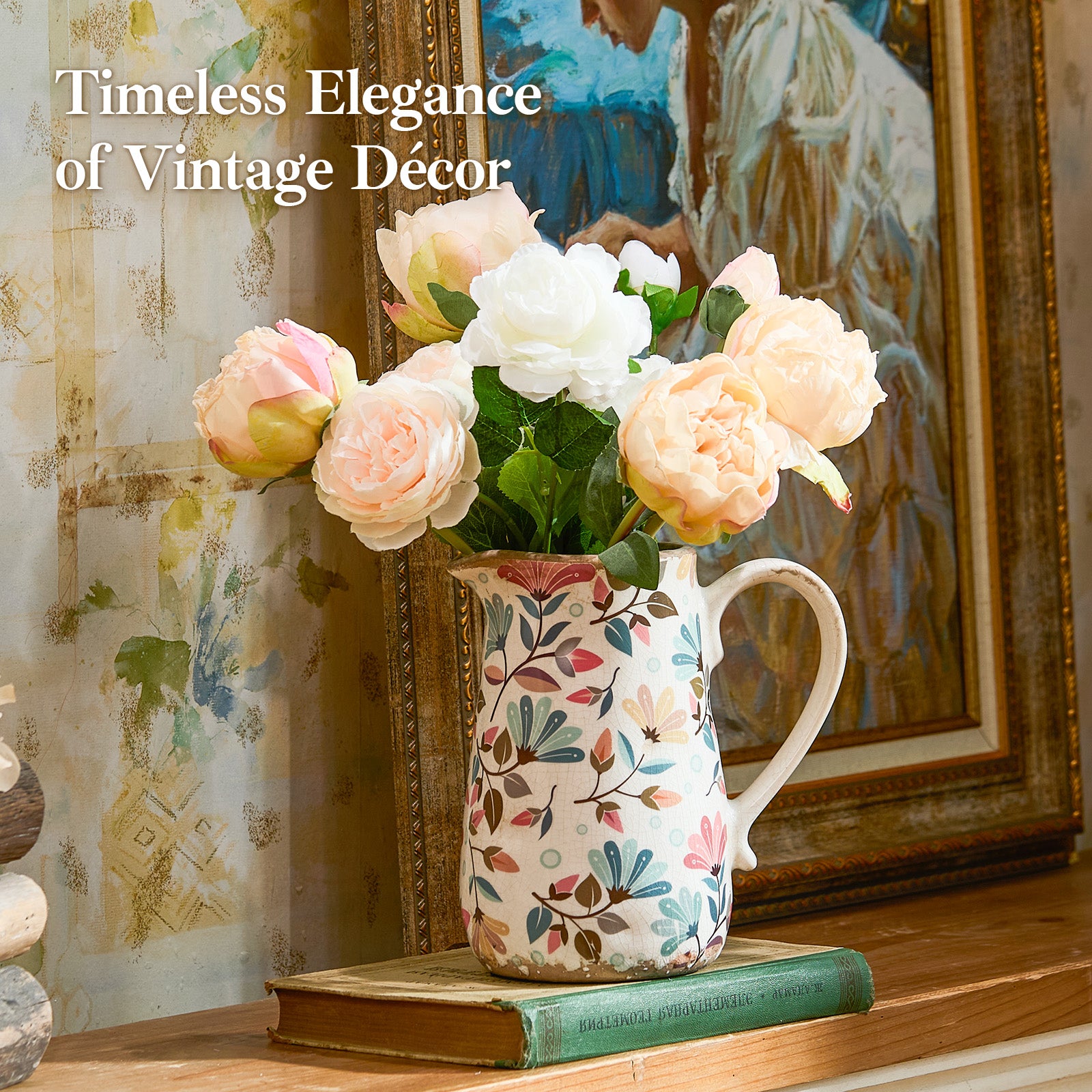 Vintage Colorful Flower Ceramic Vase with Handle, Retro Ice Glazed Crack Farmhouse Pitcher Vase for Home Decor, Living Room, Shelf, Office, Rustic Table Centerpiece 7 Inch