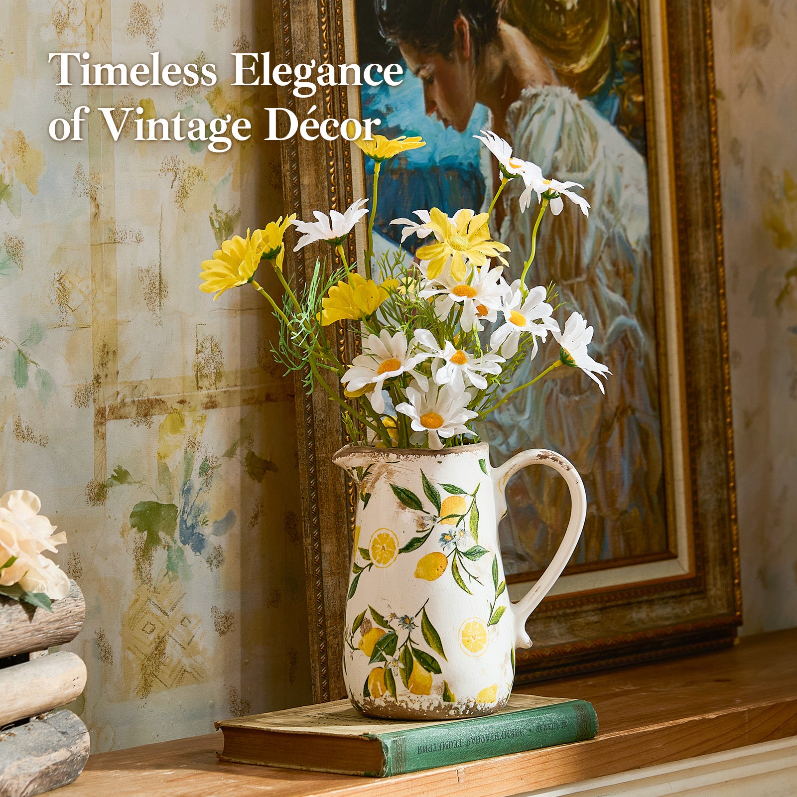 TEWEIQI  Vintage Lemon Ceramic Vase with Handle, Retro Ice Glazed Crack Farmhouse Pitcher Vase for Home Decor, 7" or 9" Height