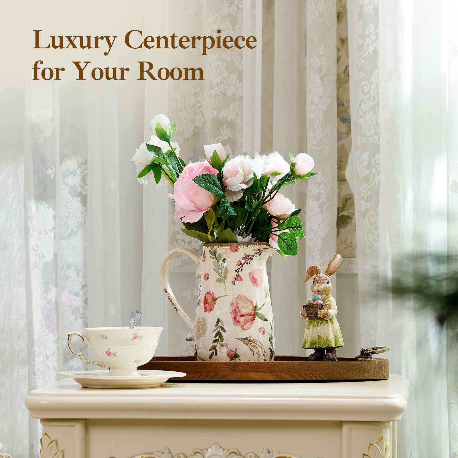 Vintage Fruit and Floral Ceramic Vase with Handle, Retro Ice Glazed Crack Farmhouse Pitcher Vase for Home Decor, Living Room, Shelf, Office, Rustic Table Centerpiece 7 Inch