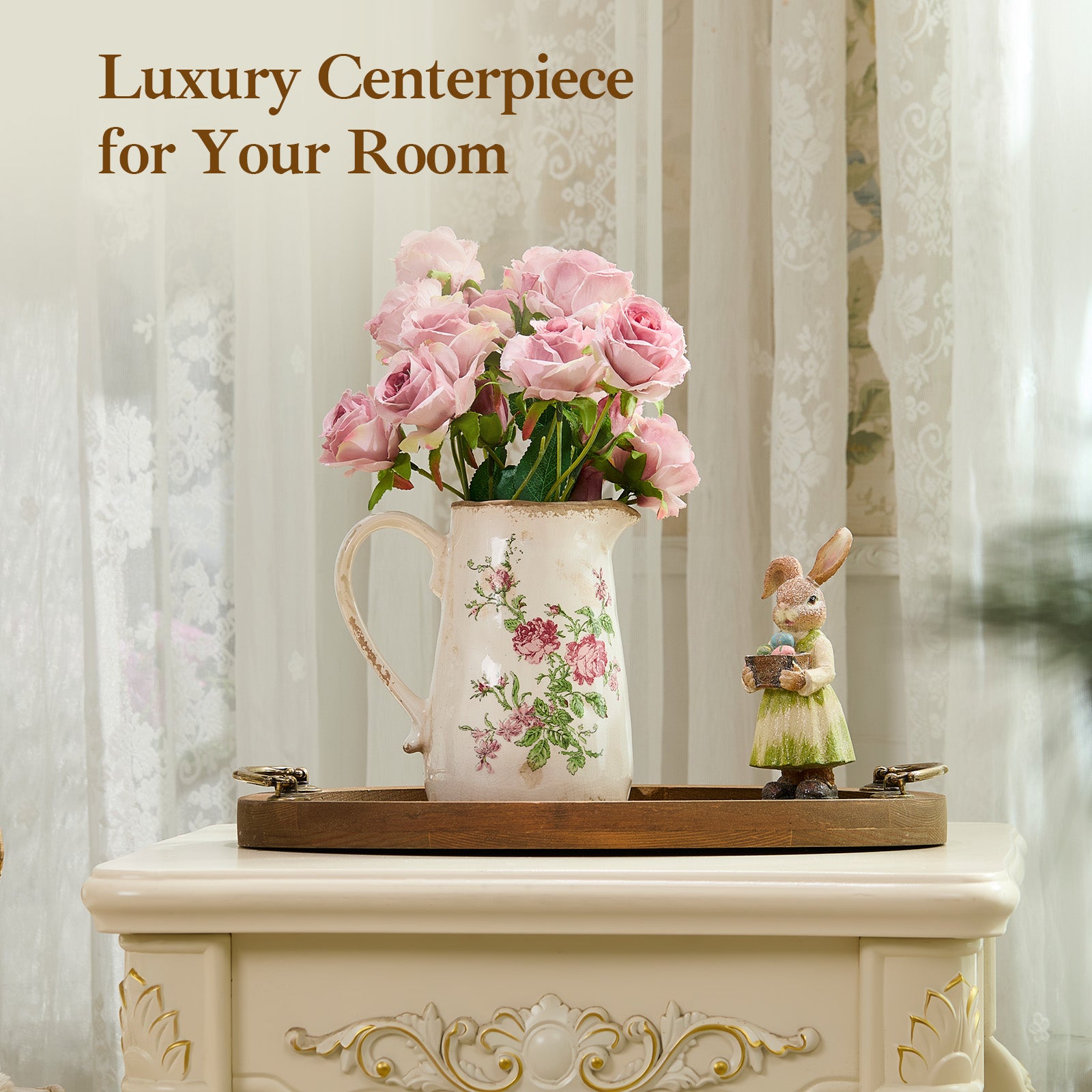 Vintage Rose Flora Ceramic Vase with Handle, Retro Ice Glazed Crack Farmhouse Pitcher Vase for Home Decor, Living Room, Shelf, Office, Rustic Table Centerpiece 7 Inch