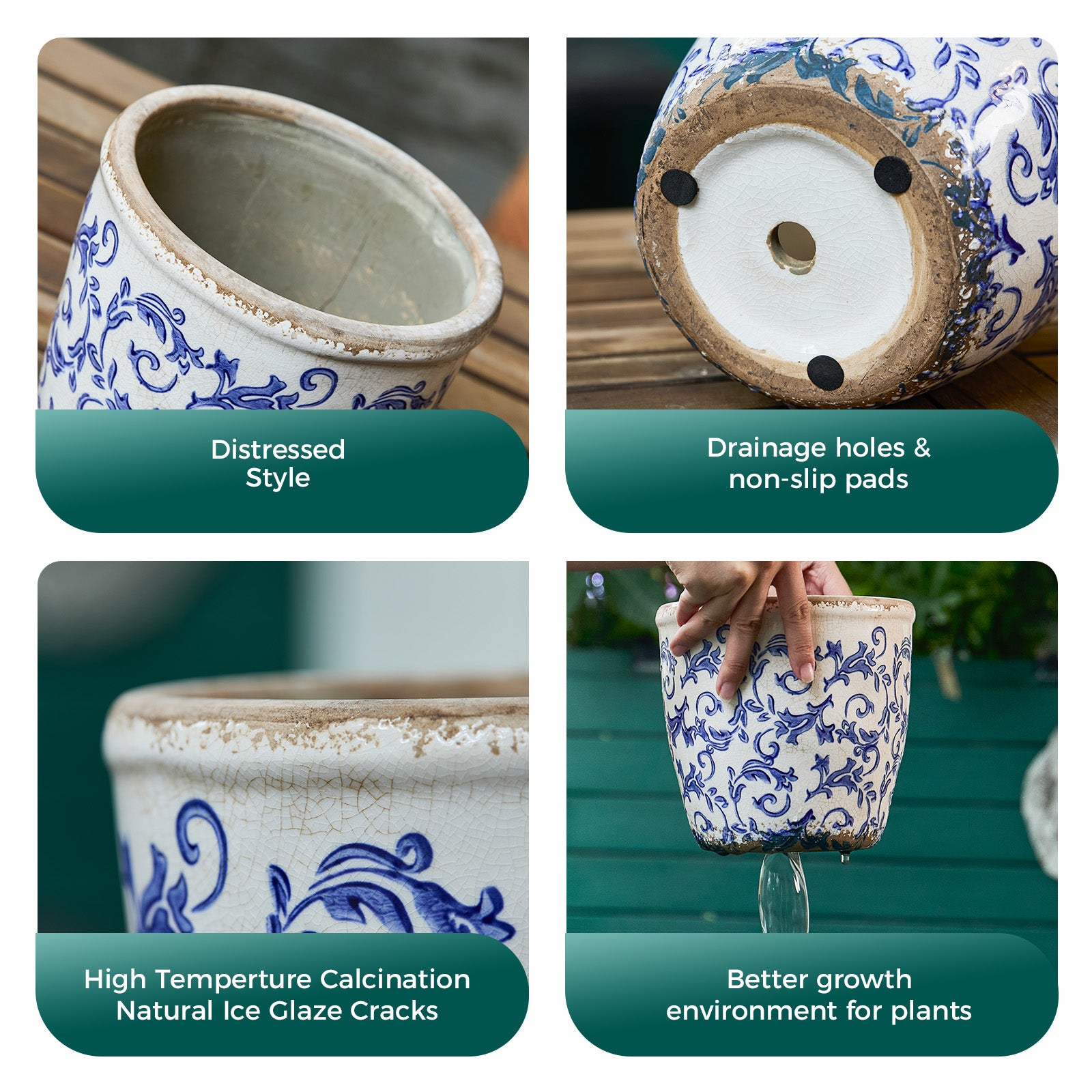 TEWEIQI  Farmhouse Ceramic Planter, Iced Crack Blue Flowers Vintage-inspired Ceramic Planter, 5.4” or 6.3" Height