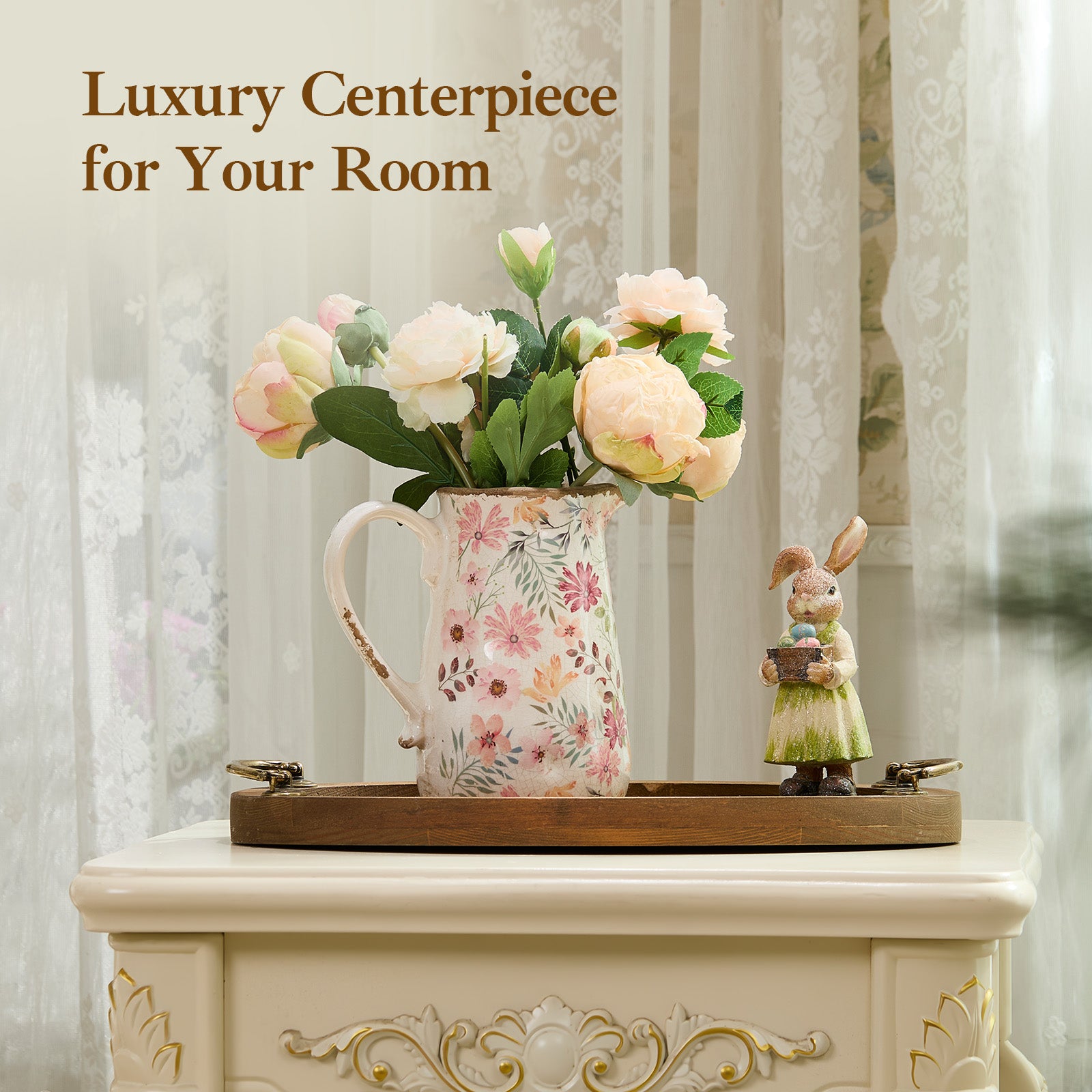 Vintage Colorful Daisy Flora Ceramic Vase with Handle, Retro Ice Glazed Crack Farmhouse Pitcher Vase for Home Decor, Living Room, Shelf, Office, Rustic Table Centerpiece 7 Inch