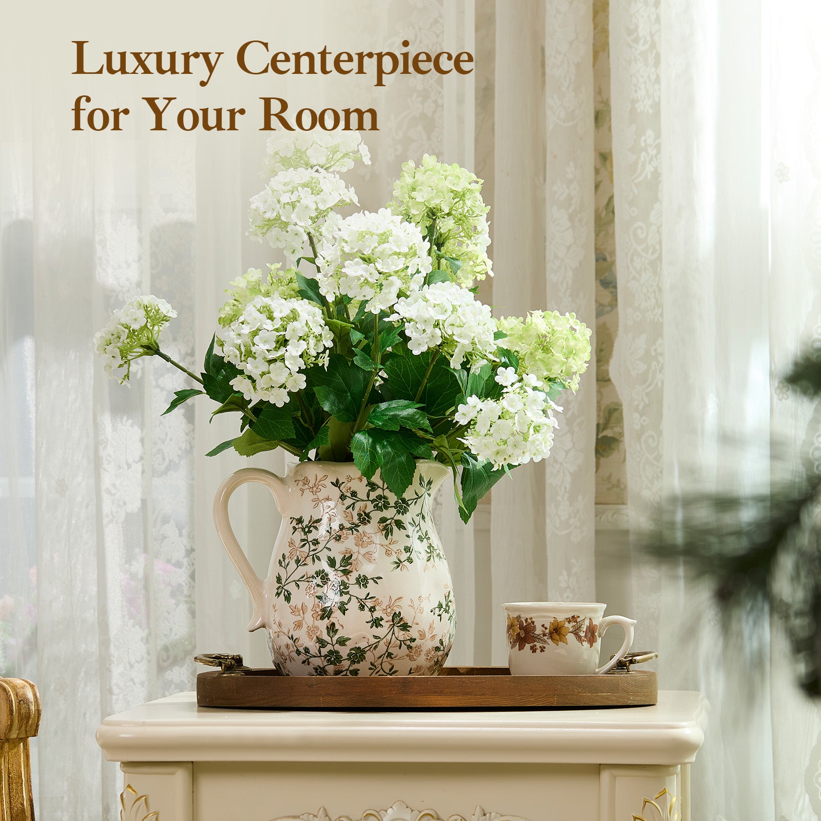 Ceramic Green and White Floral Vase with Handle, Rustic Farmhouse Pitcher Flower Vase, Chinoiserie Floral Vase for Home Decor, Living Room, Shelf, Office, Rustic Table Centerpiece 8 Inch