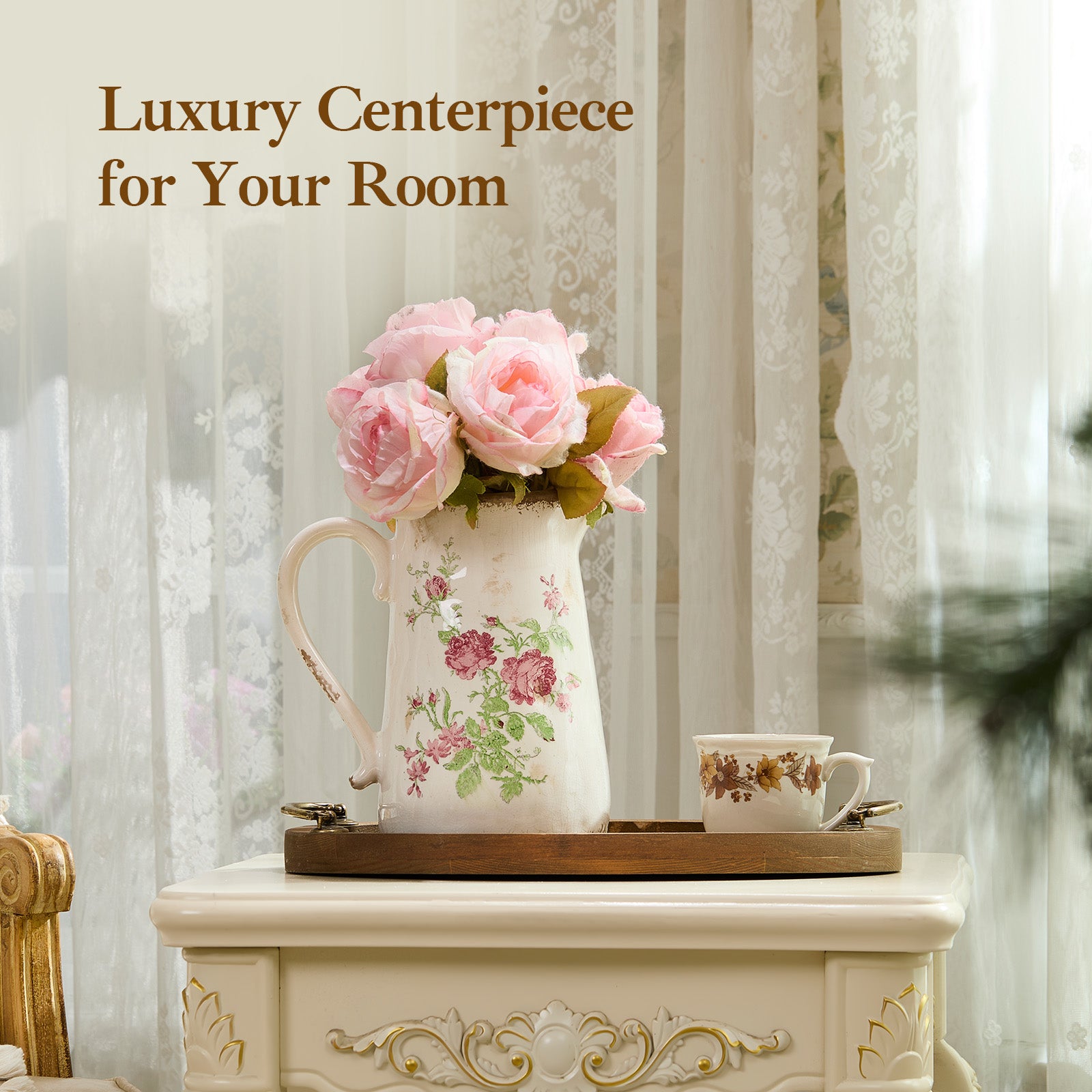 Retro Rustic Large Ceramic Vase with Handle, Distressed Farmhouse Pitcher for Home, Ideal Shelf Decor, Red Rose Floral Vase for Living Room Bedroom Office Table Centerpiece Decorations 9 Inch