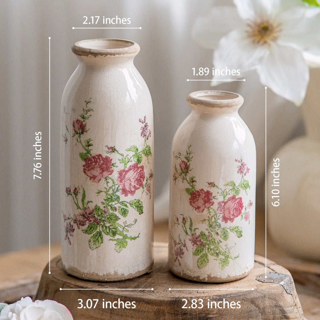 TEWEIQI  2 Sizes Retro Rose Floral Mini Ceramic Vases Set - Rustic Table Centerpiece Home Decor