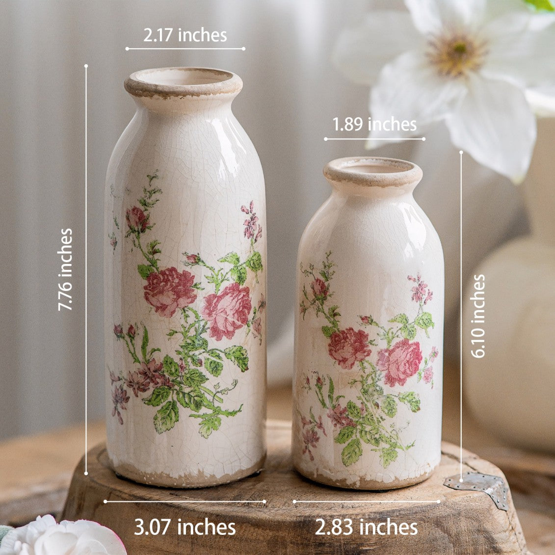 TEWEIQI  2 Sizes Retro Rose Floral Mini Ceramic Vases Set - Rustic Table Centerpiece Home Decor