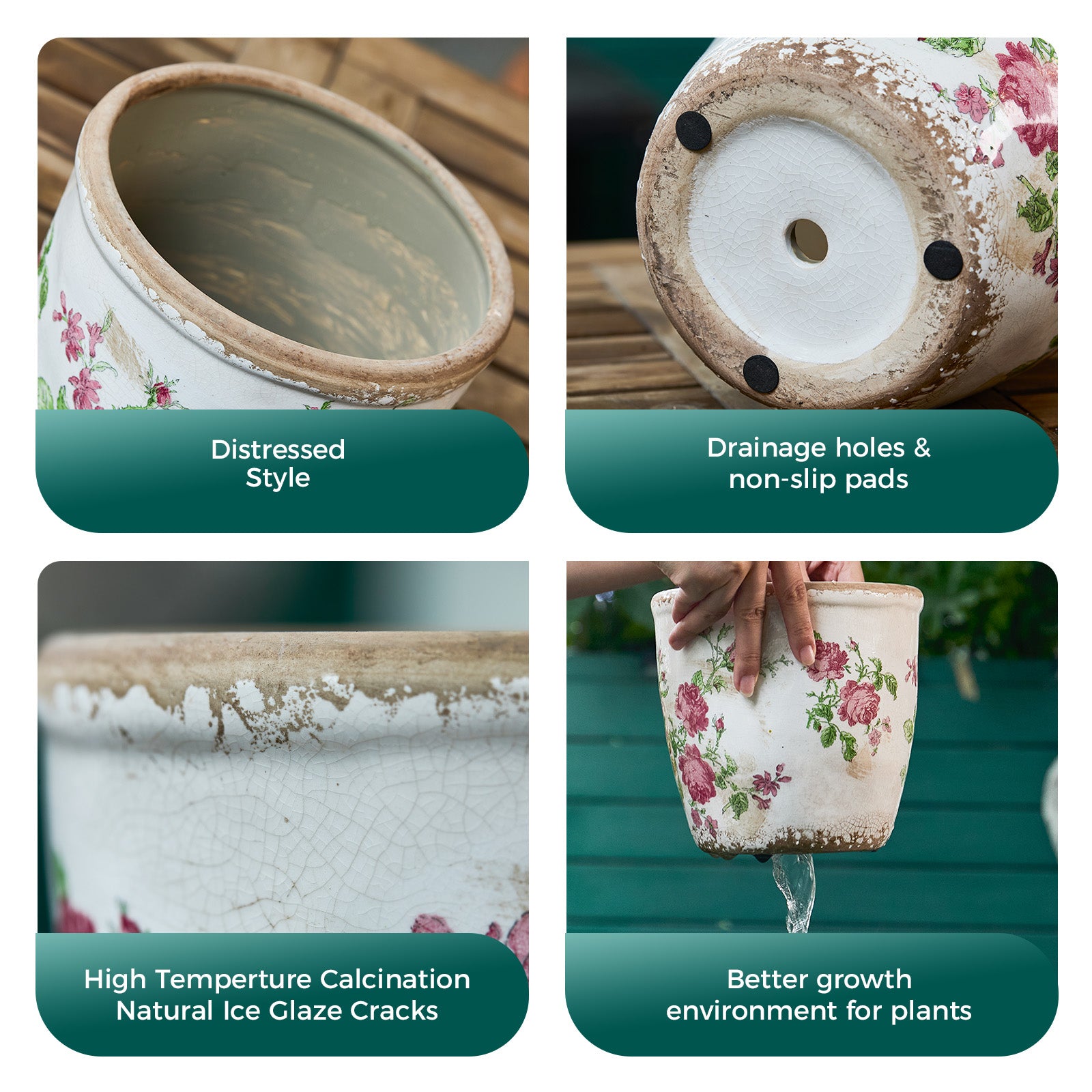 TEWEIQI  Vintage Pink Floral Ceramic Planter, Flower Pot for Home, Office & Garden Décor, 5.4” or 6.3" Height