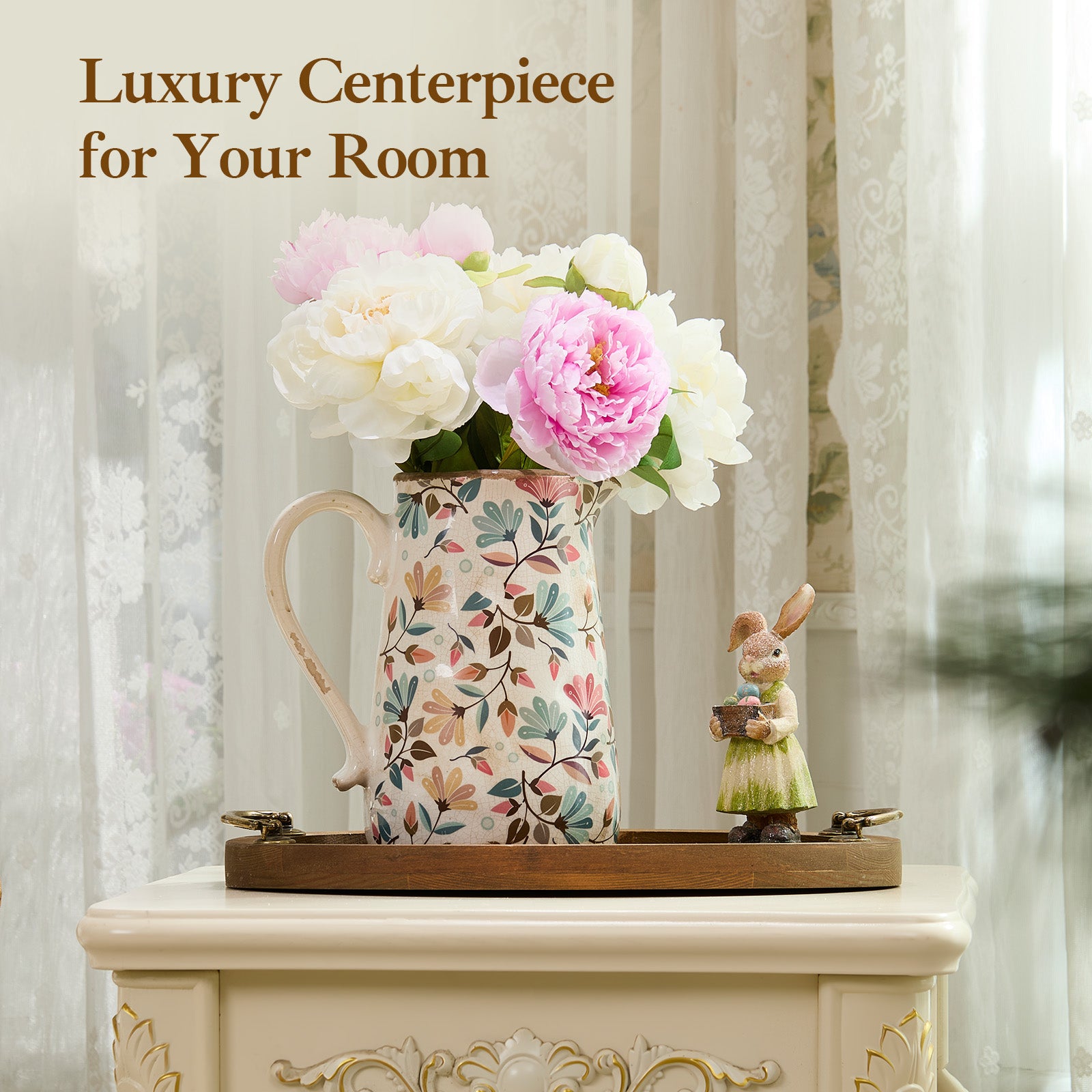 Vintage Colorful Flower Ceramic Vase with Handle, Retro Ice Glazed Crack Farmhouse Pitcher Vase for Home Decor, Living Room, Shelf, Office, Rustic Table Centerpiece 9 Inch