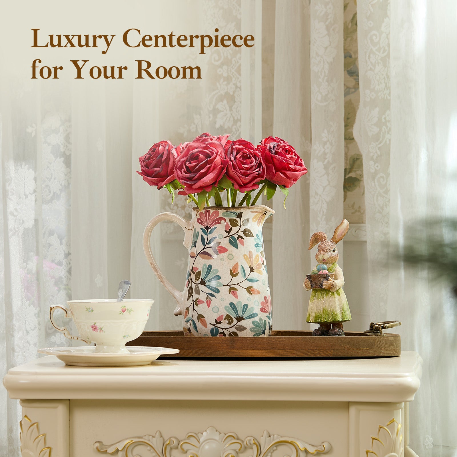 Vintage Colorful Flower Ceramic Vase with Handle, Retro Ice Glazed Crack Farmhouse Pitcher Vase for Home Decor, Living Room, Shelf, Office, Rustic Table Centerpiece 7 Inch