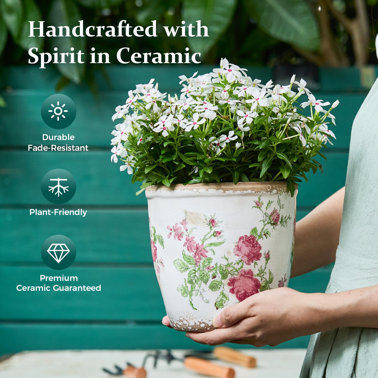 TEWEIQI  Vintage Pink Floral Ceramic Planter, Flower Pot for Home, Office & Garden Décor, 5.4” or 6.3" Height