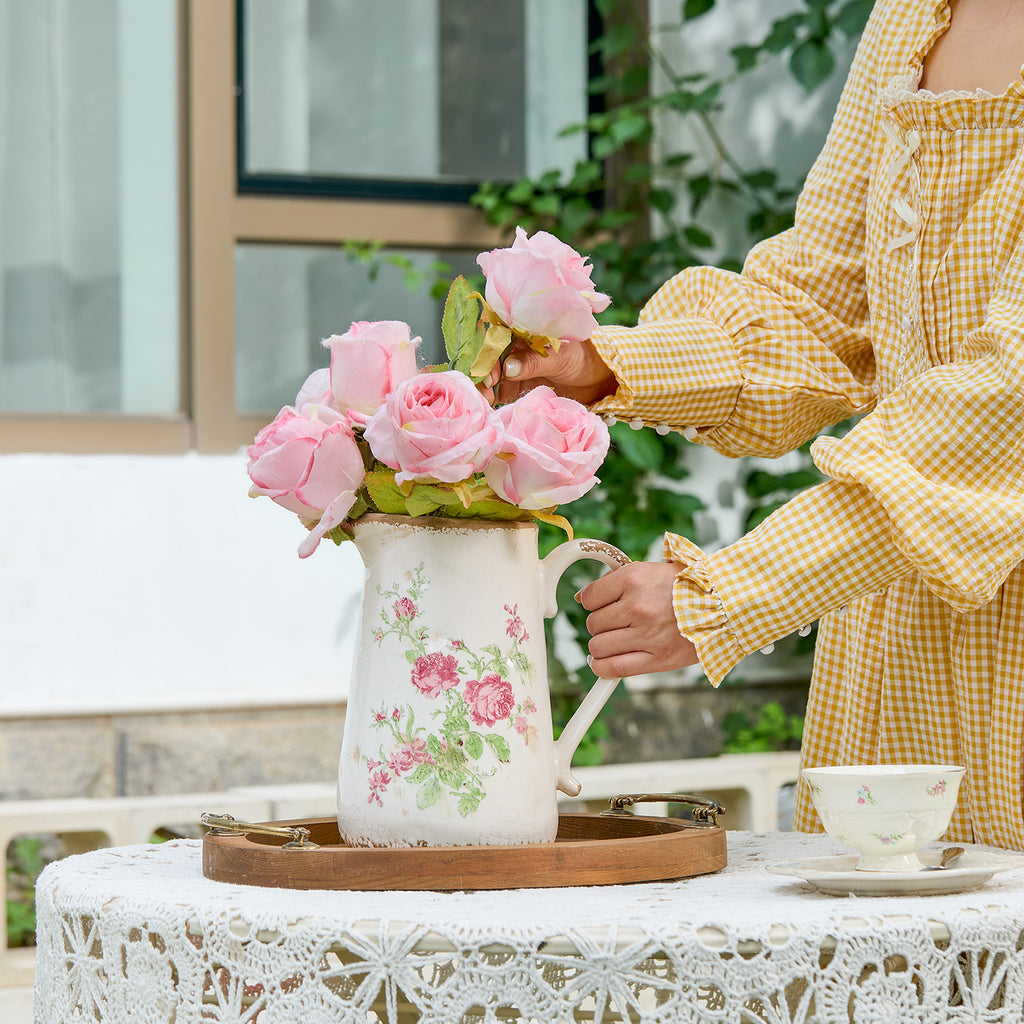 TEWEIQI  Vintage Pink Rose Ceramic Vase with Handle, Distressed Farmhouse Pitcher for Home Decor, 7" or 9" Height