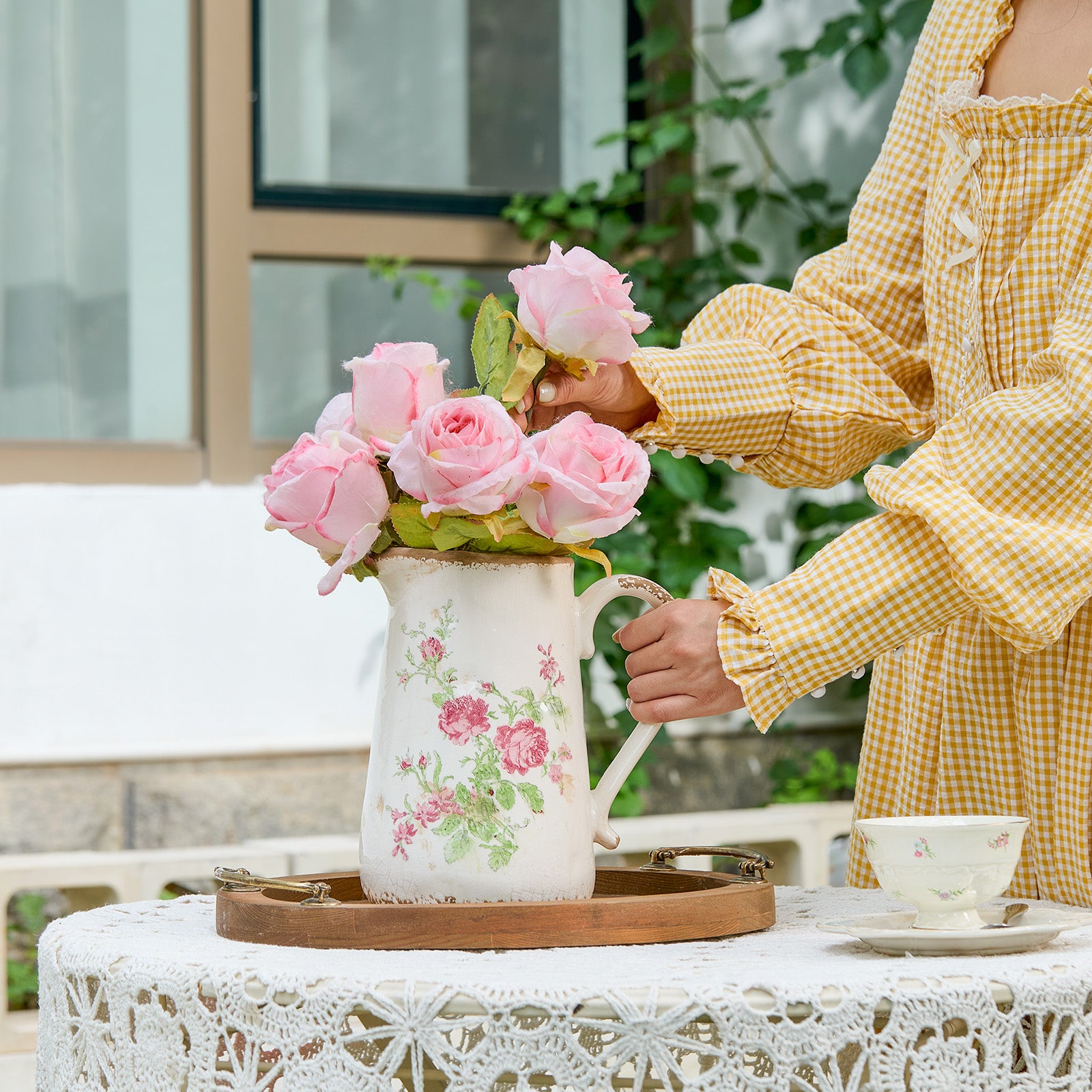 Retro Rustic Large Ceramic Vase with Handle, Distressed Farmhouse Pitcher for Home, Ideal Shelf Decor, Red Rose Floral Vase for Living Room Bedroom Office Table Centerpiece Decorations 9 Inch