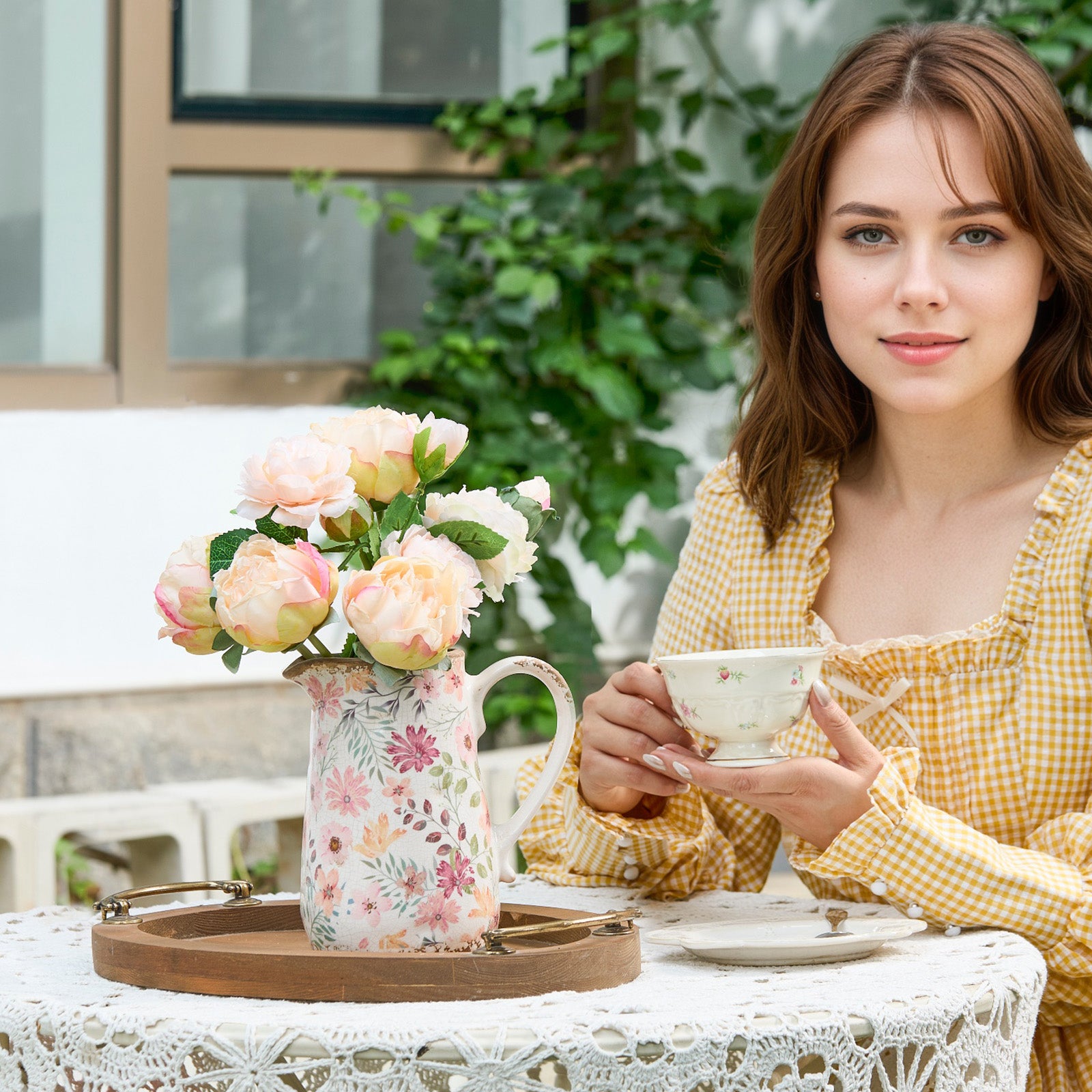 Vintage Colorful Daisy Flora Ceramic Vase with Handle, Retro Ice Glazed Crack Farmhouse Pitcher Vase for Home Decor, Living Room, Shelf, Office, Rustic Table Centerpiece 7 Inch