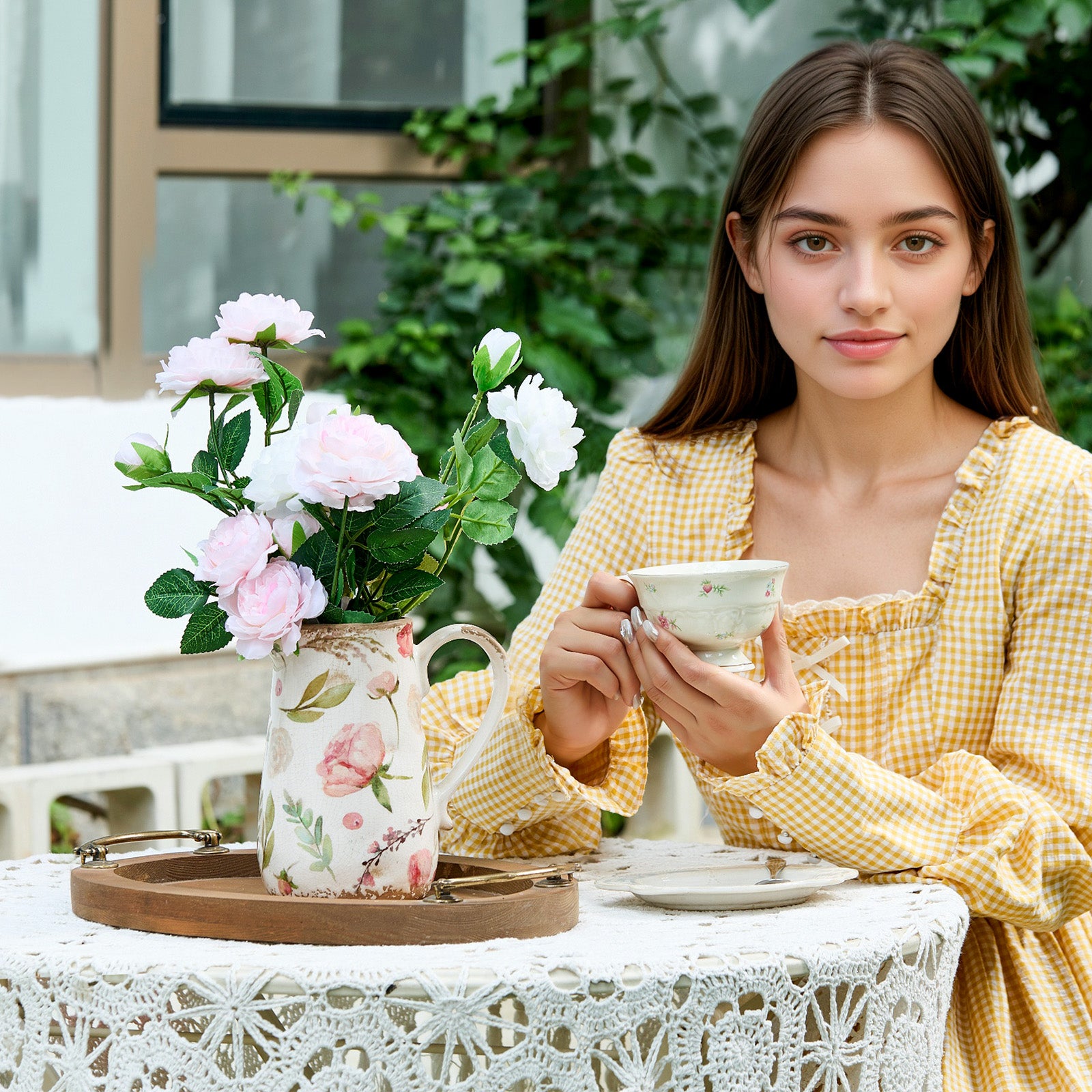 Vintage Fruit and Floral Ceramic Vase with Handle, Retro Ice Glazed Crack Farmhouse Pitcher Vase for Home Decor, Living Room, Shelf, Office, Rustic Table Centerpiece 7 Inch