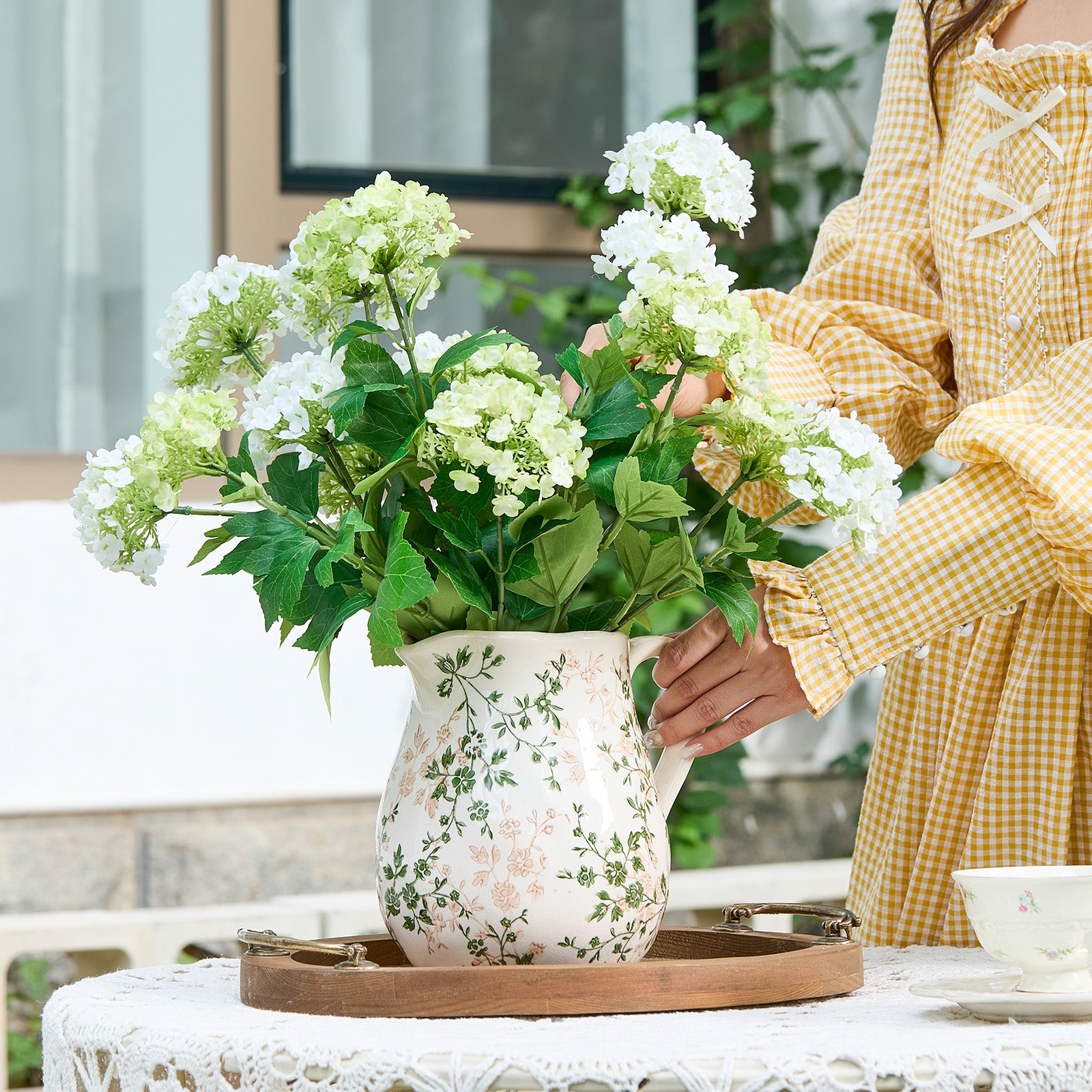 Ceramic Green and White Floral Vase with Handle, Rustic Farmhouse Pitcher Flower Vase, Chinoiserie Floral Vase for Home Decor, Living Room, Shelf, Office, Rustic Table Centerpiece 8 Inch
