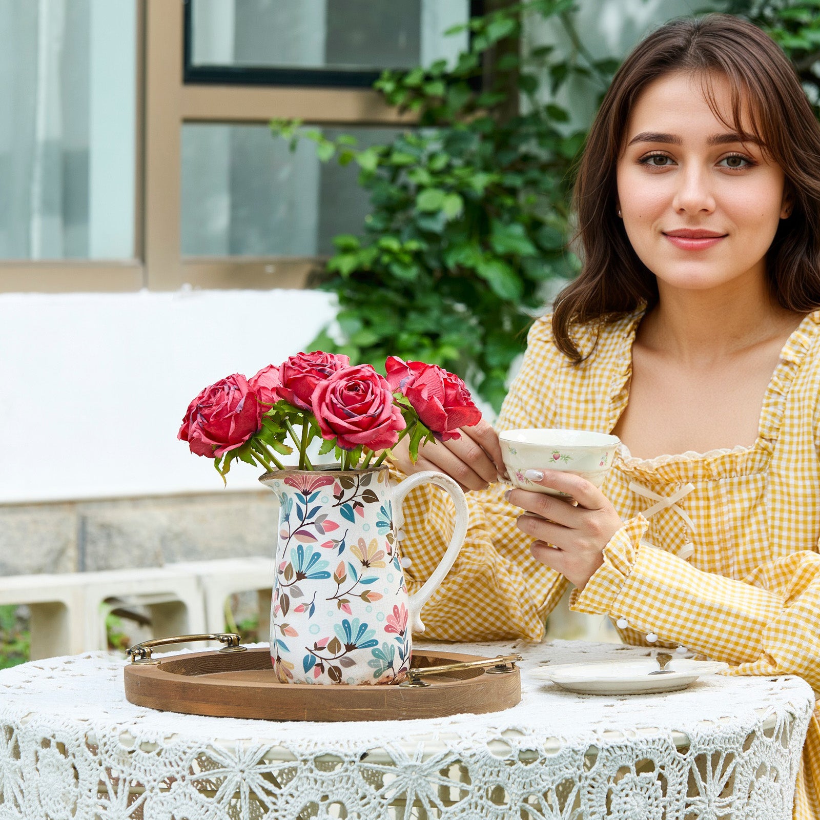 Vintage Colorful Flower Ceramic Vase with Handle, Retro Ice Glazed Crack Farmhouse Pitcher Vase for Home Decor, Living Room, Shelf, Office, Rustic Table Centerpiece 7 Inch