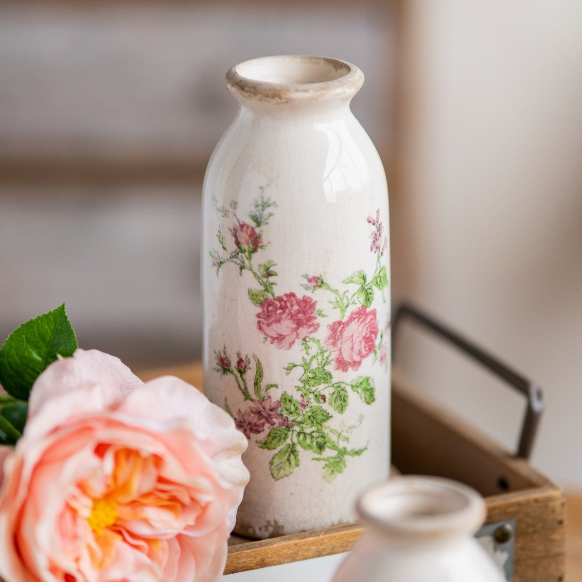 TEWEIQI  2 Sizes Retro Rose Floral Mini Ceramic Vases Set - Rustic Table Centerpiece Home Decor