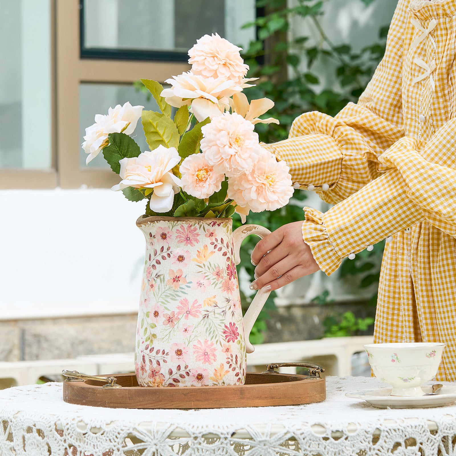 Retro Rustic Large Ceramic Vase with Handle, Distressed Farmhouse Pitcher for Home, Ideal Shelf Decor, Colorful Daisy Floral Vase for Living Room Bedroom Office Table Centerpiece Decorations 9 Inch