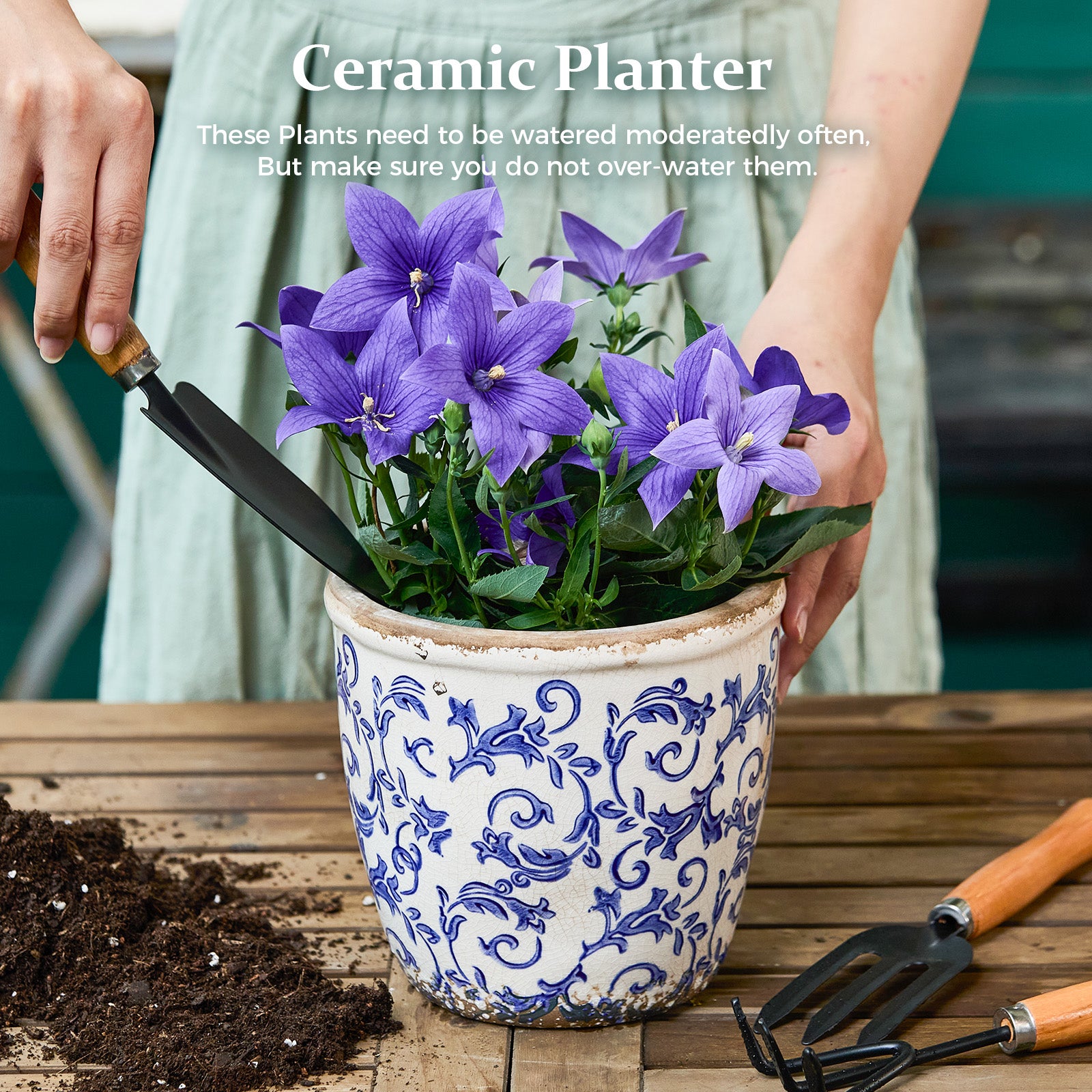 TEWEIQI  Farmhouse Ceramic Planter, Iced Crack Blue Flowers Vintage-inspired Ceramic Planter, 5.4” or 6.3" Height