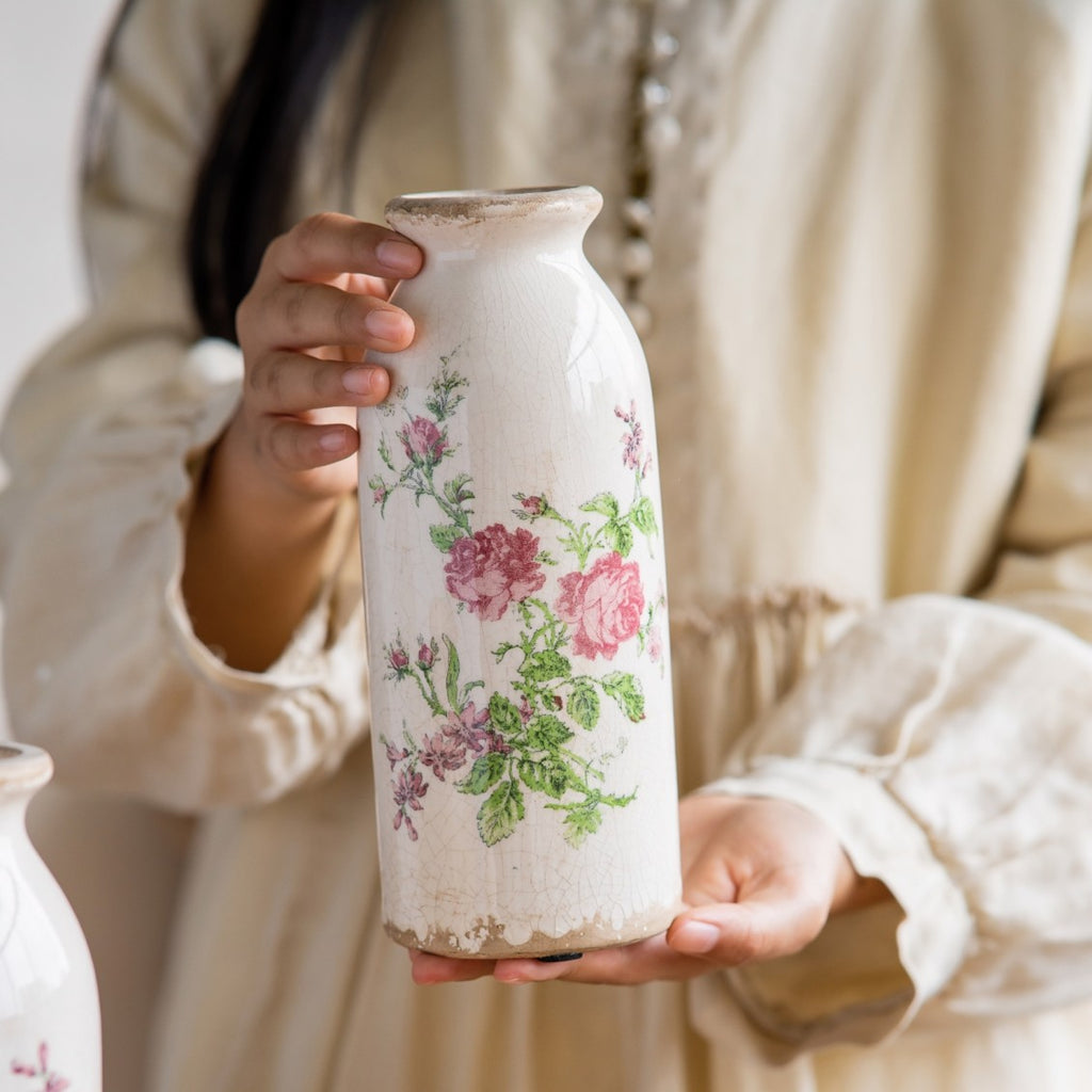 TEWEIQI  2 Sizes Retro Rose Floral Mini Ceramic Vases Set - Rustic Table Centerpiece Home Decor