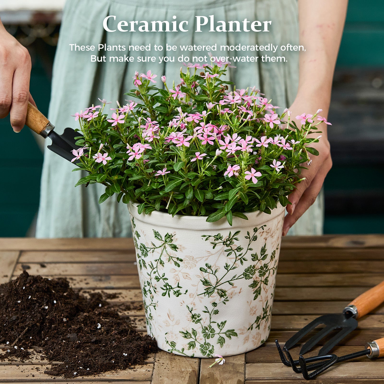 TEWEIQI  Modern Farmhouse Green Floral Ceramic Pot – Ideal for Orchids, Succulents & Home Décor, 6“ or 6.7" Height